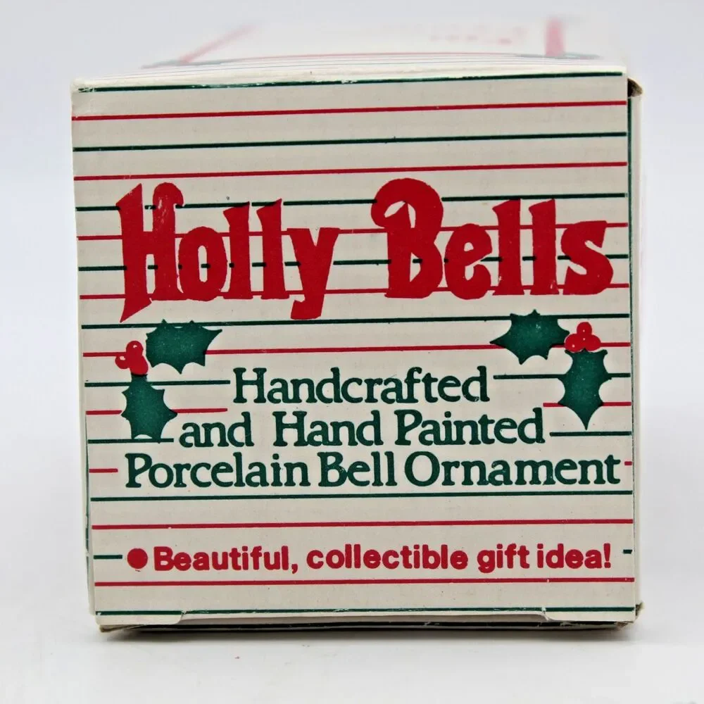 Holly Bells Porcelain Teddy Bear Bell Ornament Vintage 1986 Original Box a